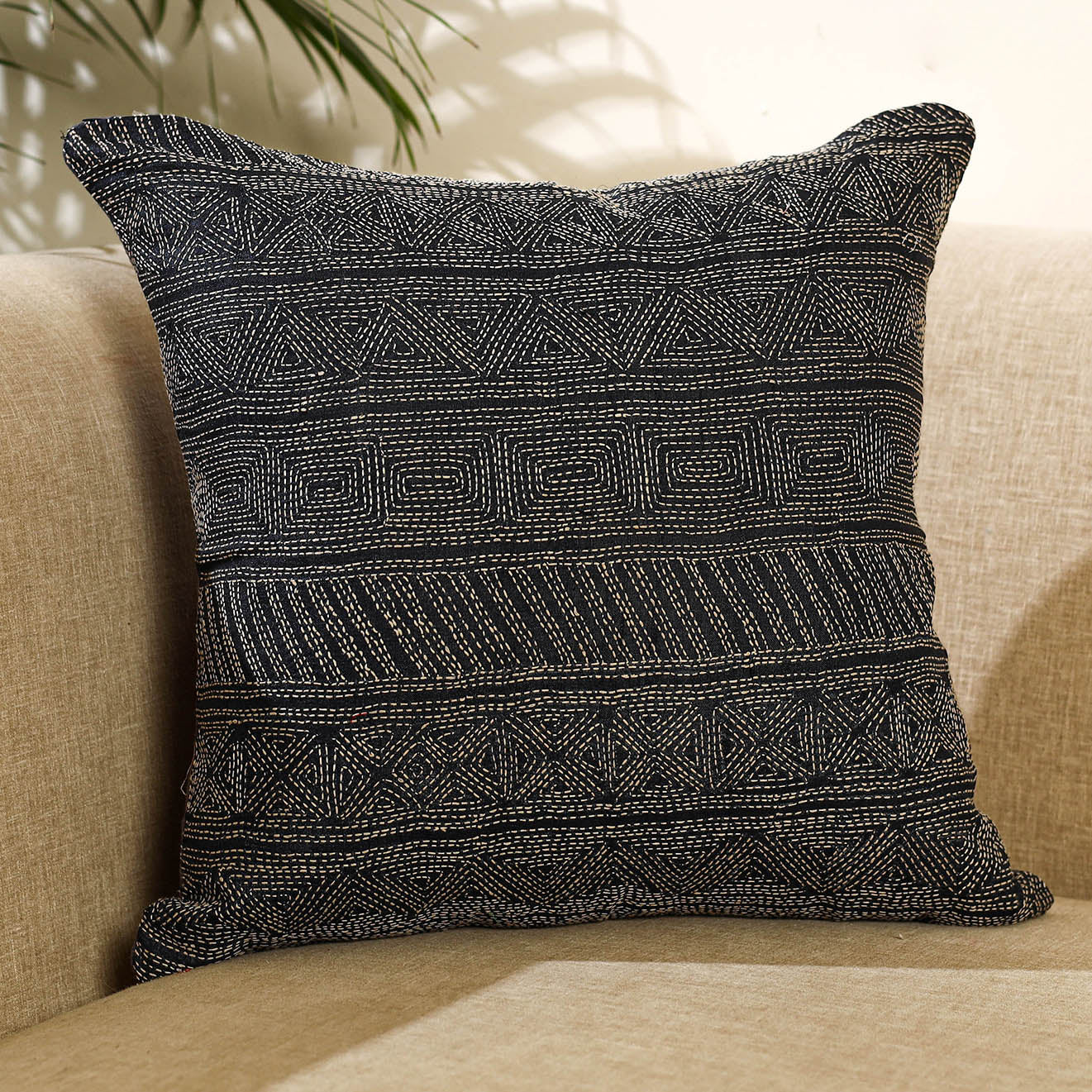 Buy Black Bengal Kantha Work Reversible Silk Cushion Cover