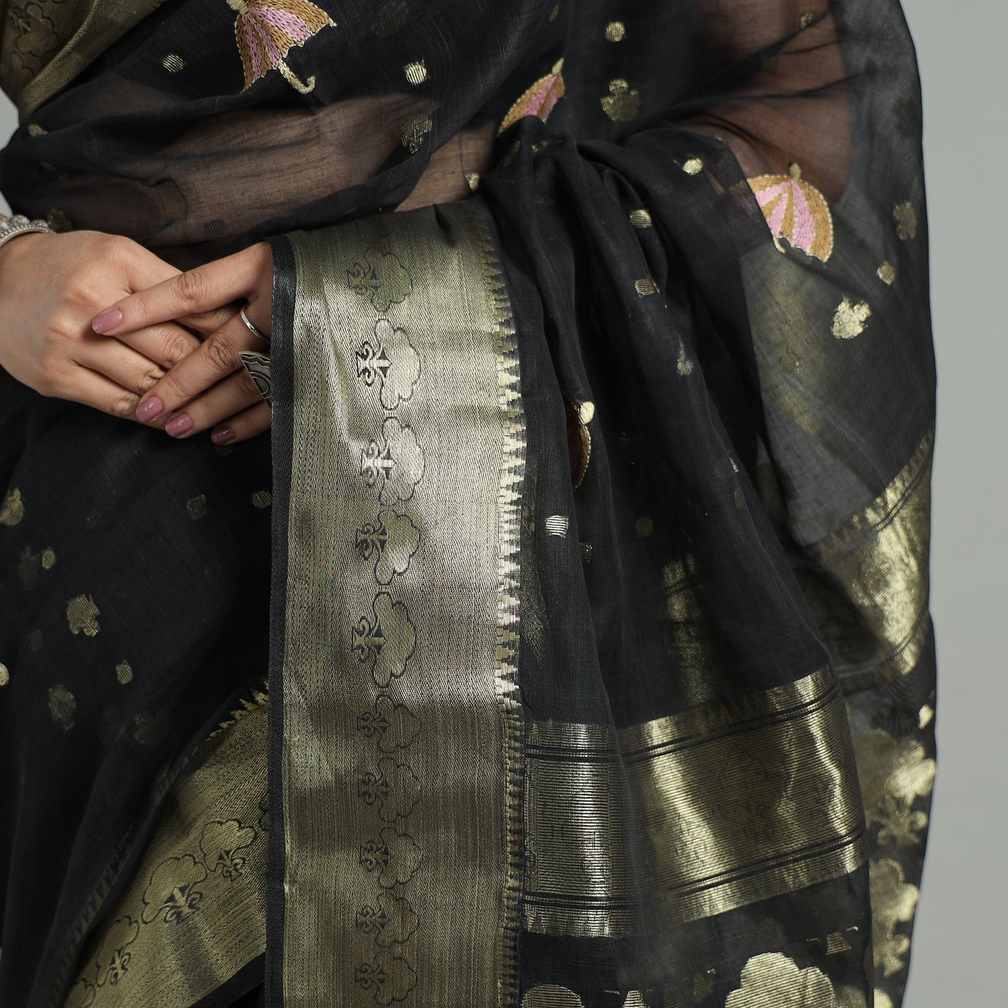 Black - bengal pure cotton zari tant handloom saree 71
