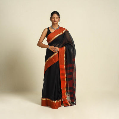 Buy Black Bengal Woven Border Handloom Cotton Saree