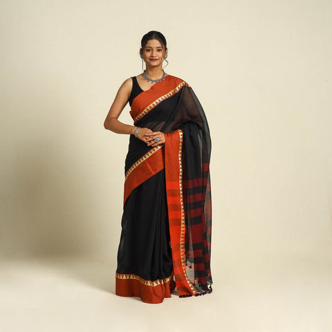 Buy Black Bengal Woven Border Handloom Cotton Saree