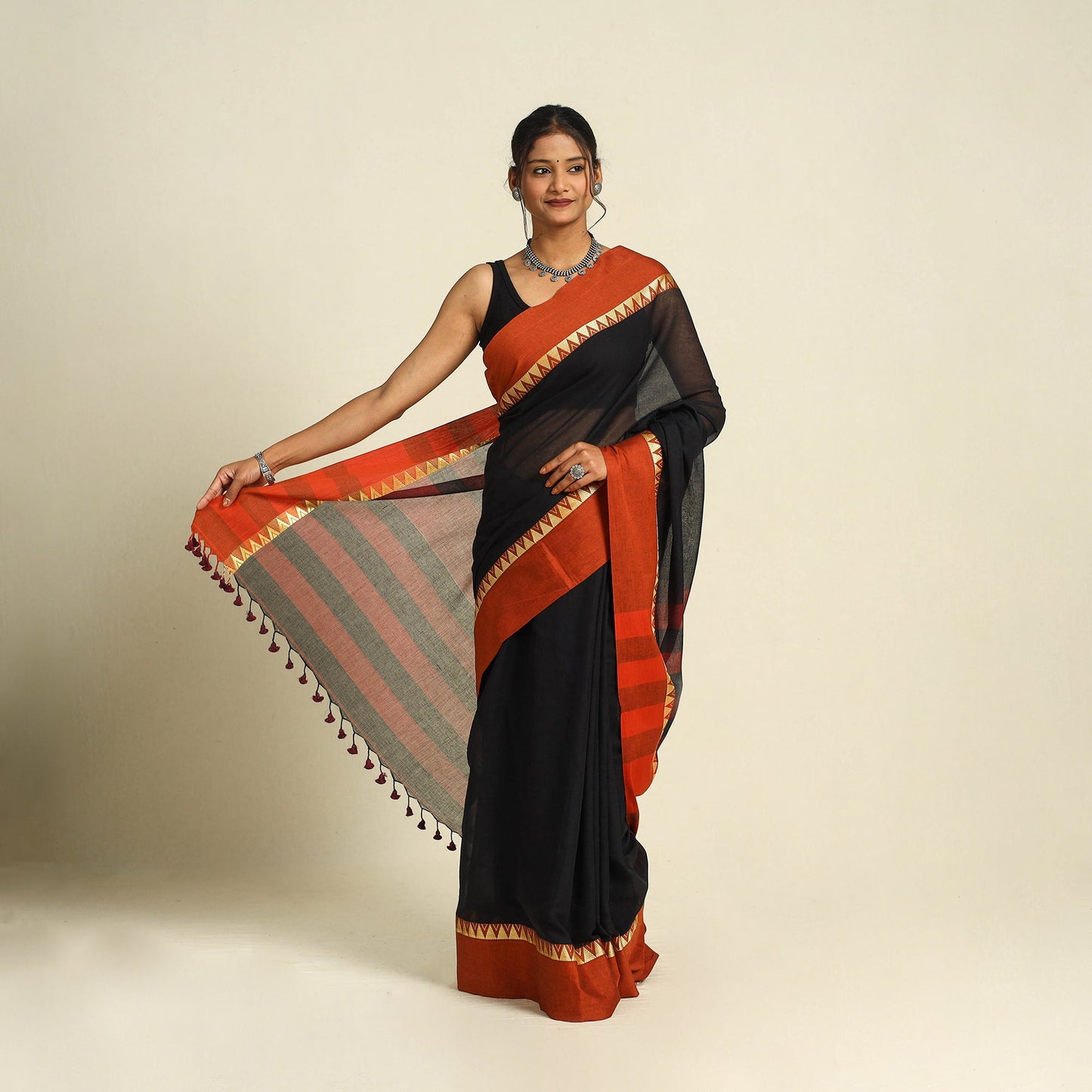 Buy Black Bengal Woven Border Handloom Cotton Saree