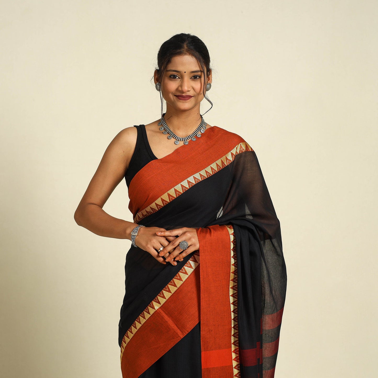 Buy Black Bengal Woven Border Handloom Cotton Saree