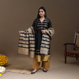 Black Bhagalpuri Handloom Tussar Silk Suit Set