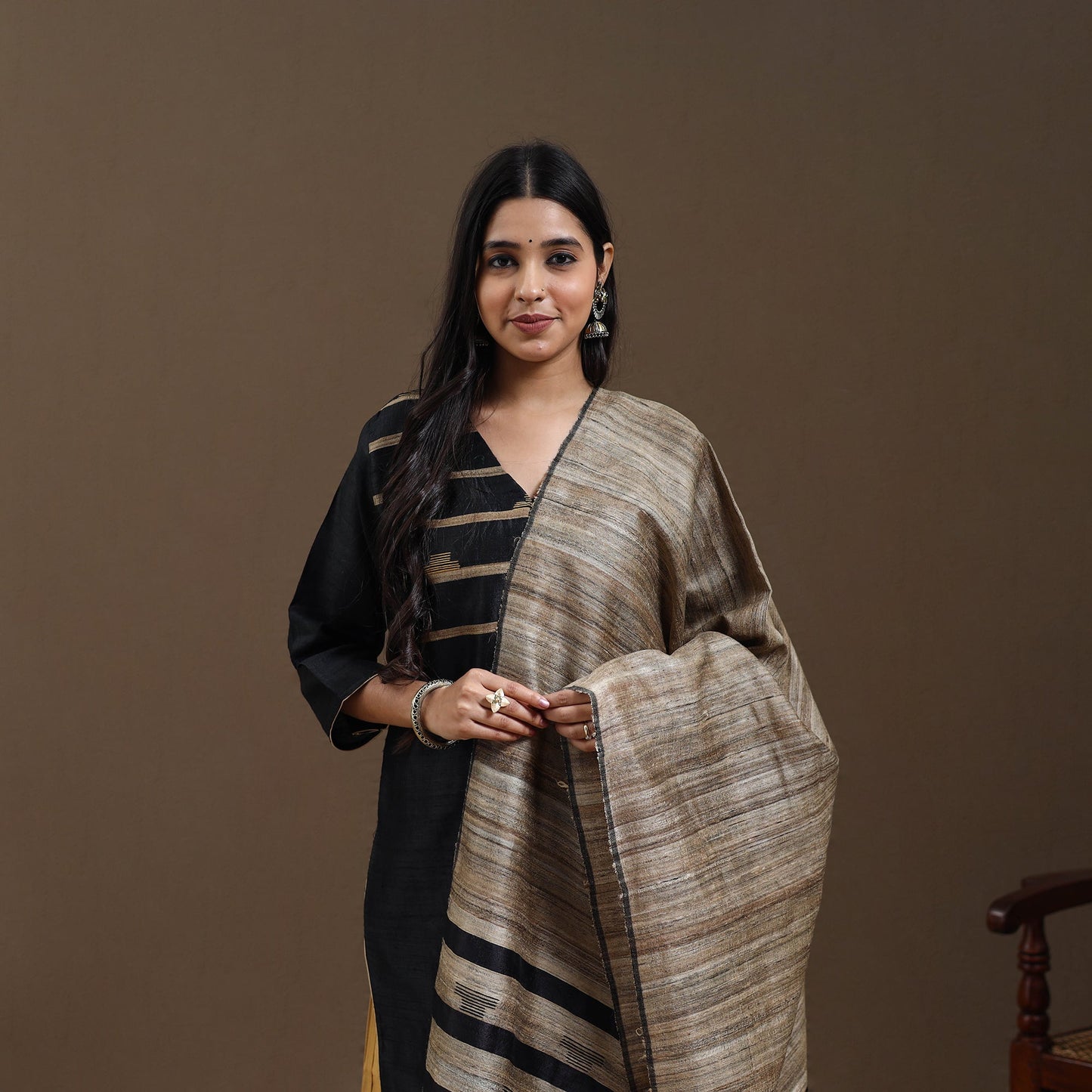 Black Bhagalpuri Handloom Tussar Silk Suit Set