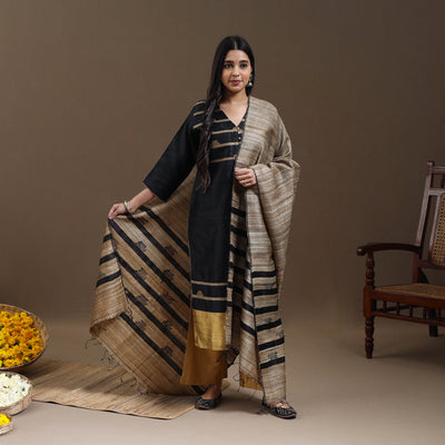 Black Bhagalpuri Handloom Tussar Silk Suit Set