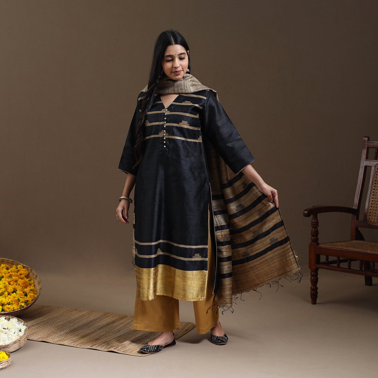 Black Bhagalpuri Handloom Tussar Silk Suit Set