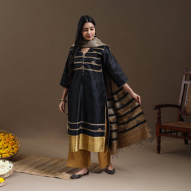 Black Bhagalpuri Handloom Tussar Silk Suit Set