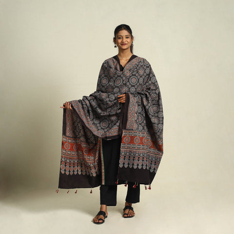 Buy Black Block Print Cotton Ajrakh Dupatta With Tassels