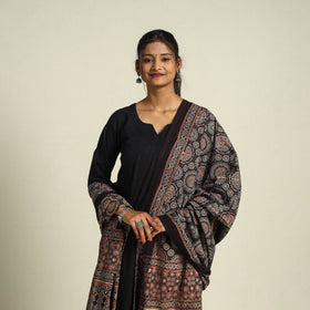 Buy Black Block Print Cotton Ajrakh Dupatta With Tassels