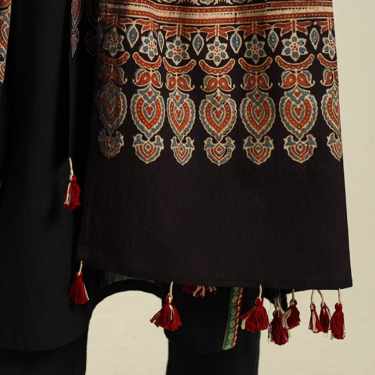 Buy Black Block Print Cotton Ajrakh Dupatta With Tassels