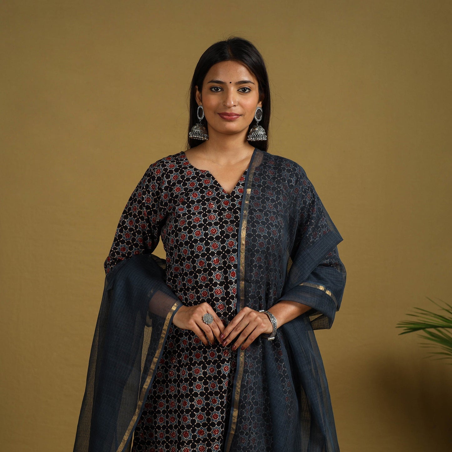 Buy Block Print Cotton Ajrakh Kurta Set with Dupatta 