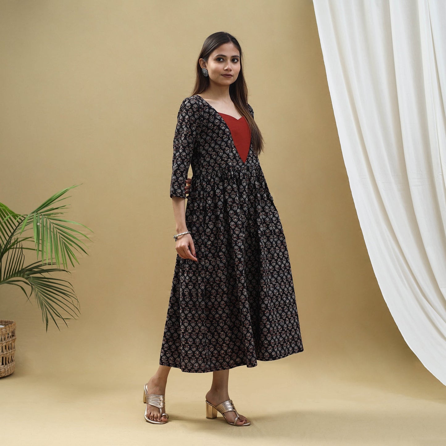 Buy Block Print Cotton Black Flared Ajrakh Dress