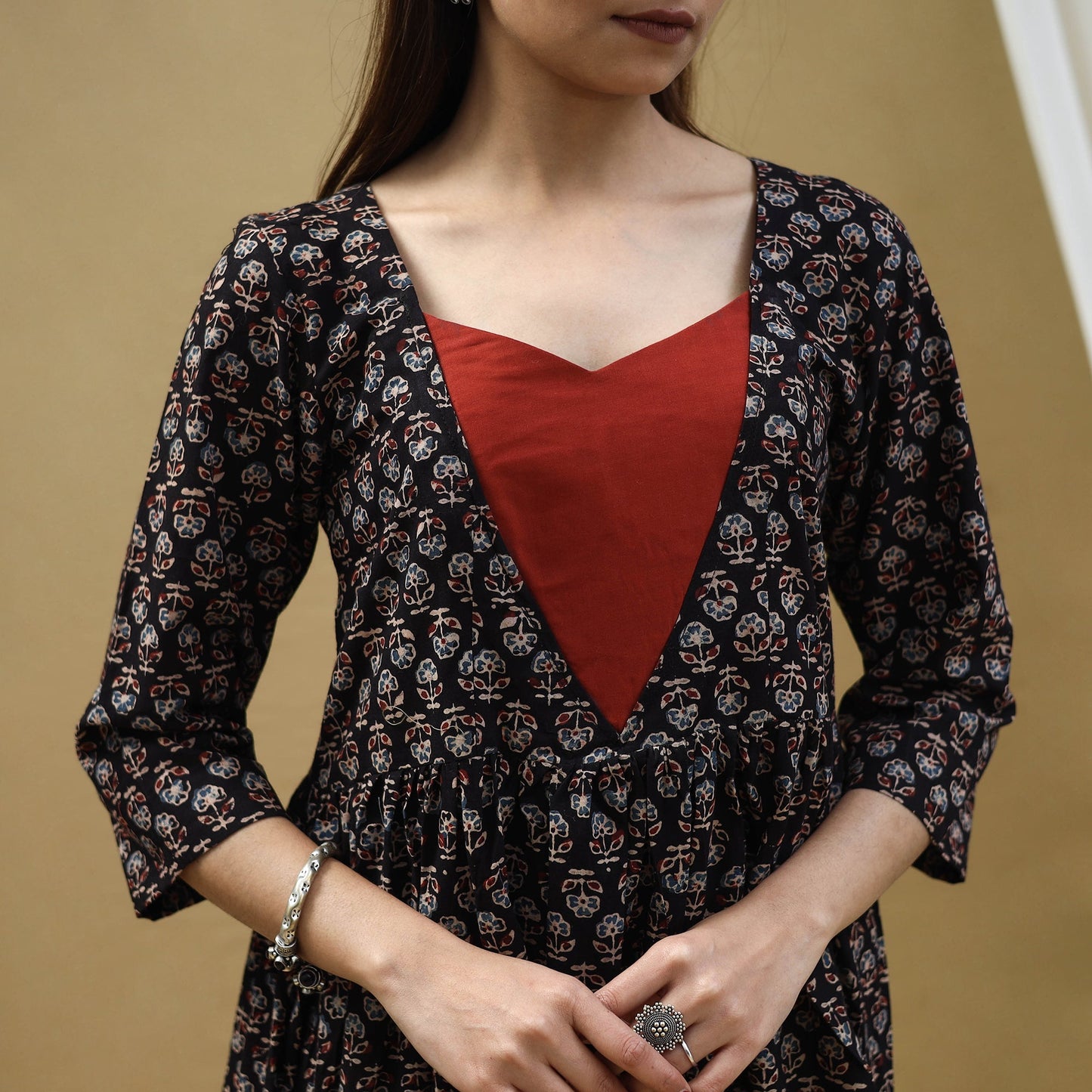 Buy Block Print Cotton Black Flared Ajrakh Dress
