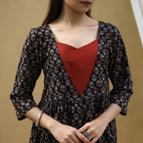Buy Block Print Cotton Black Flared Ajrakh Dress