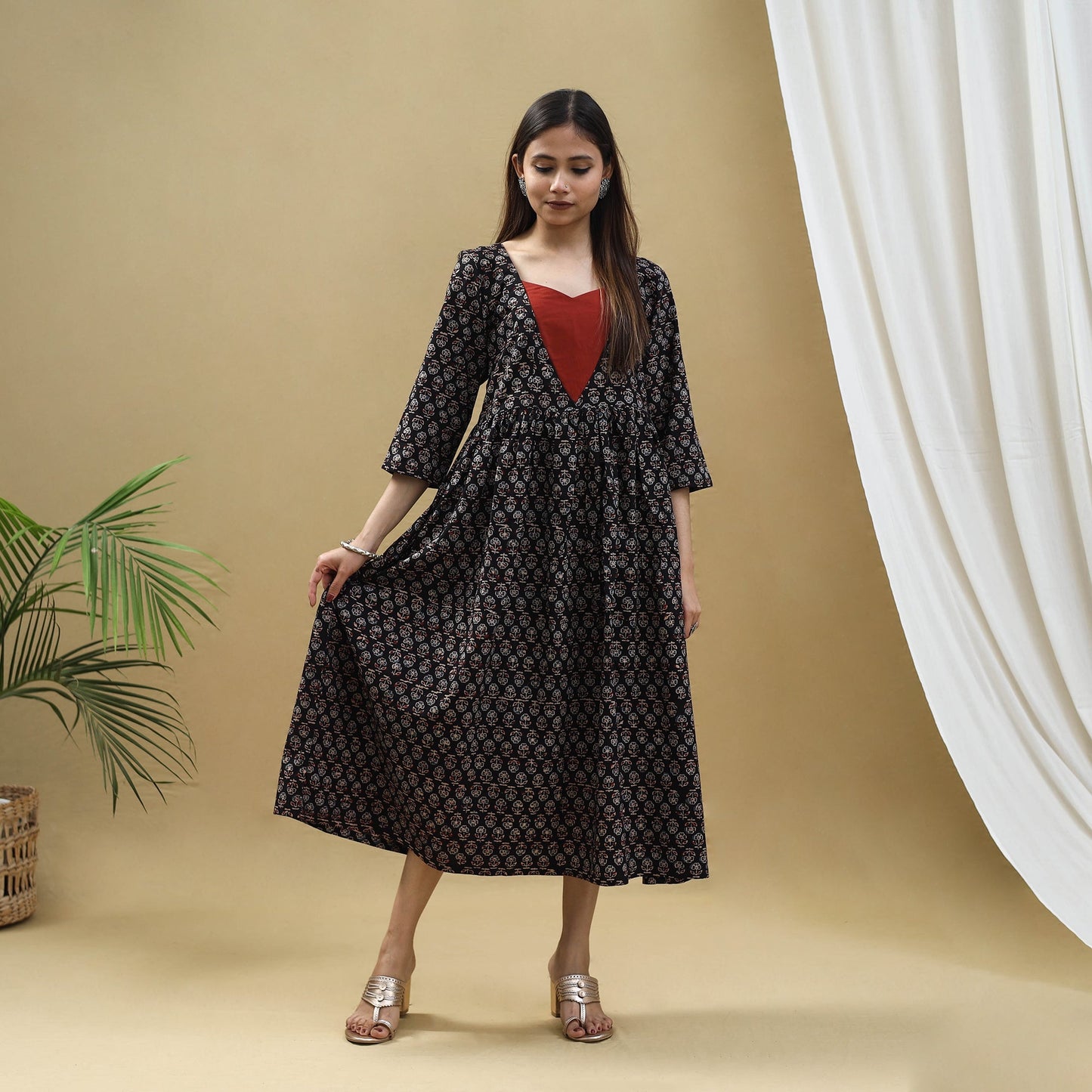 Buy Block Print Cotton Black Flared Ajrakh Dress