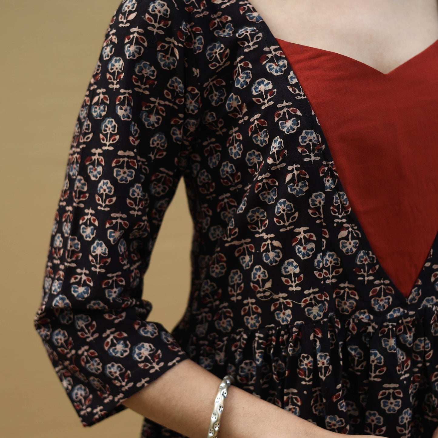 Buy Block Print Cotton Black Flared Ajrakh Dress