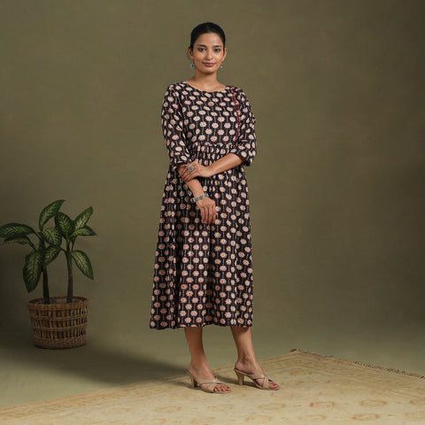 Black Block Print Cotton Flared Sanganeri Dress