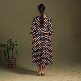 Black Block Print Cotton Flared Sanganeri Dress