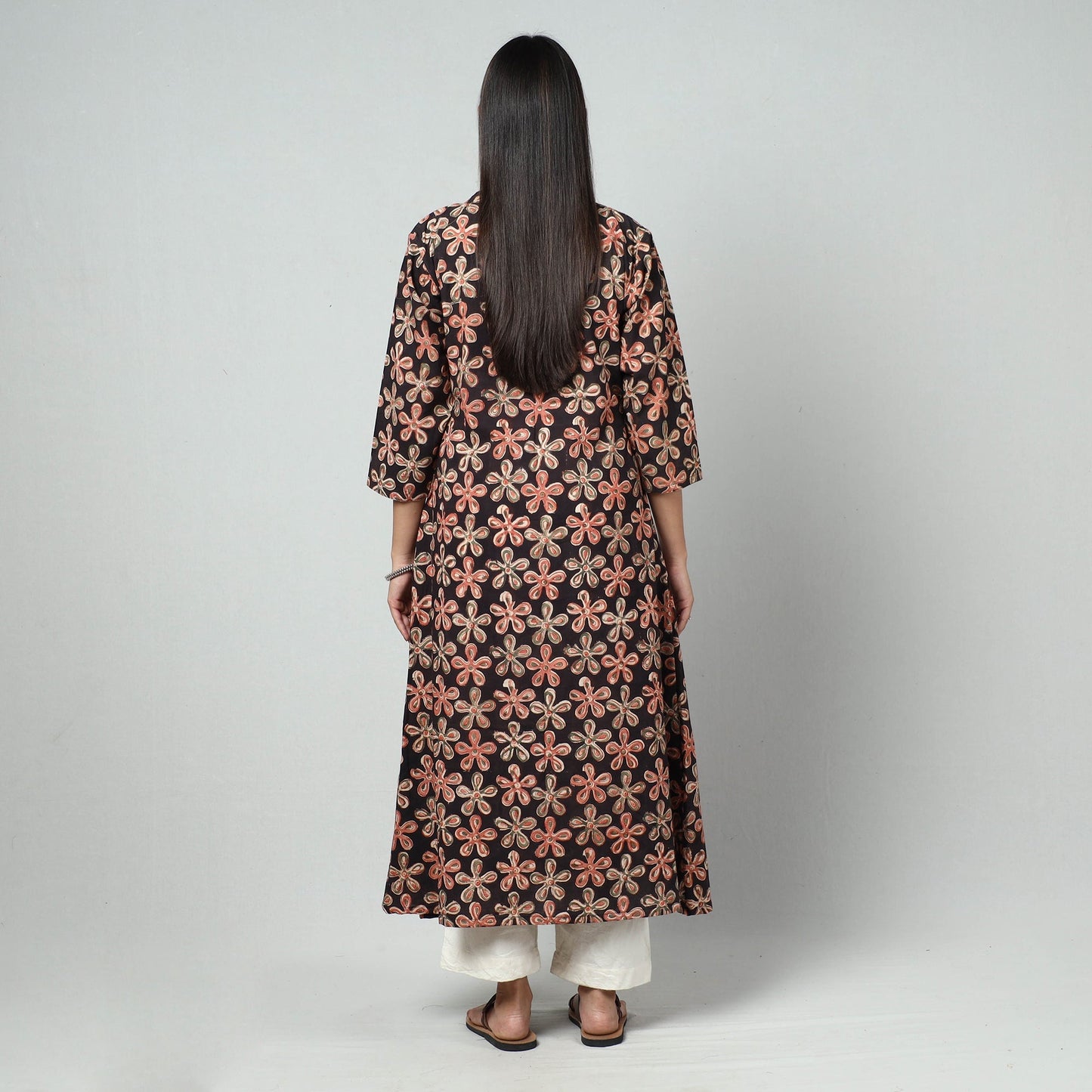Black Block Print Cotton A-Line Kalamkari Kurta for Women