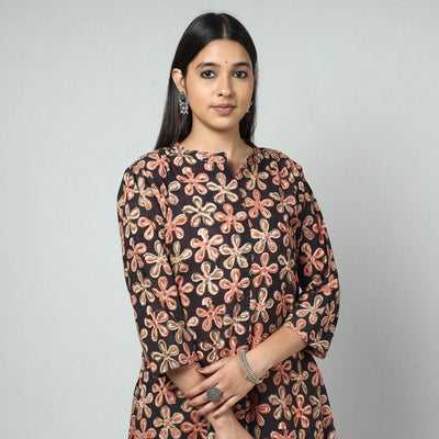 Black Block Print Cotton A-Line Kalamkari Kurta for Women