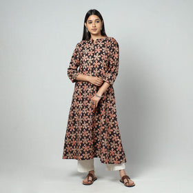 Black Block Print Cotton A-Line Kalamkari Kurta for Women