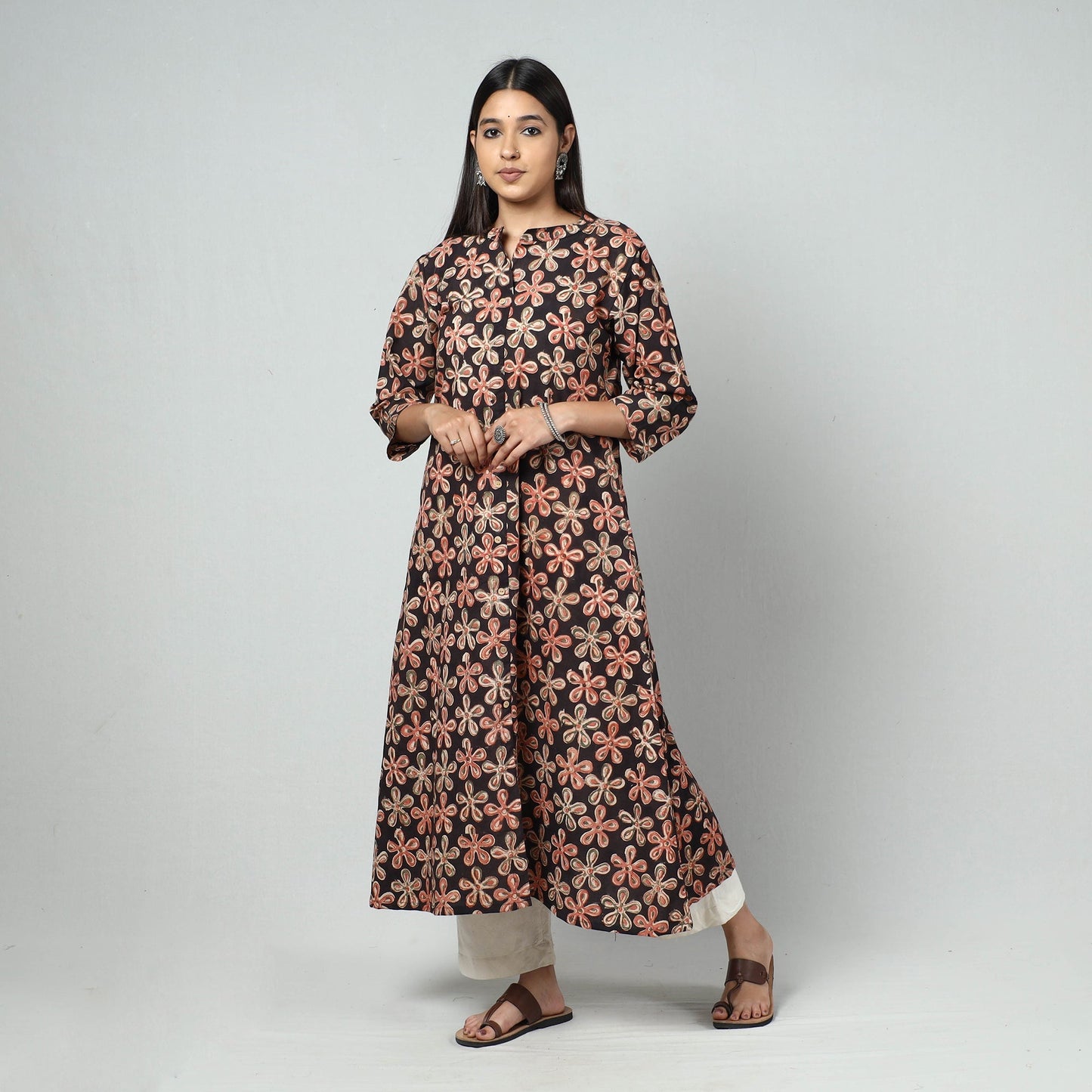 Black Block Print Cotton A-Line Kalamkari Kurta for Women