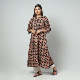 Black Block Print Cotton A-Line Kalamkari Kurta for Women