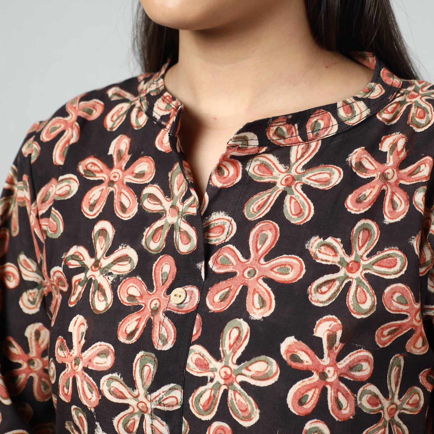 Black Block Print Cotton A-Line Kalamkari Kurta for Women