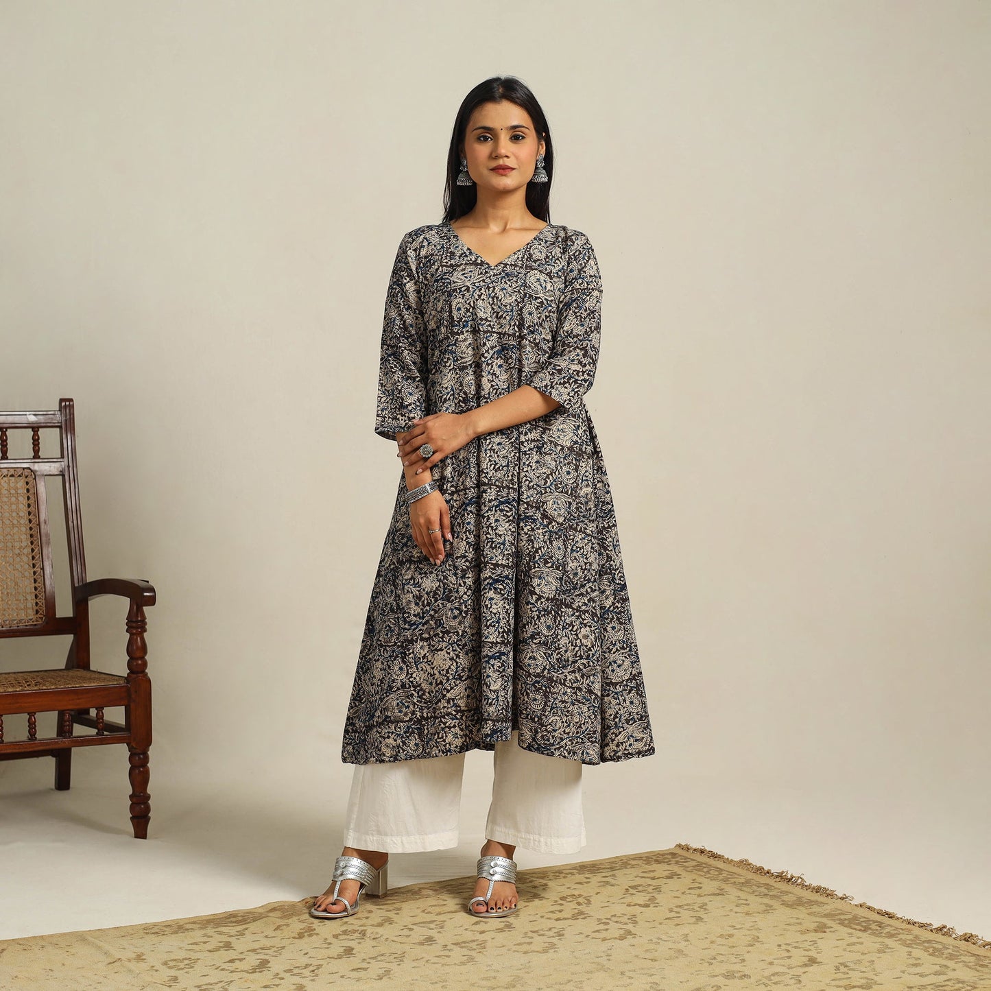 Black Block Print Cotton A-Line Kalamkari Kurta