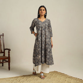Black Block Print Cotton A-Line Kalamkari Kurta