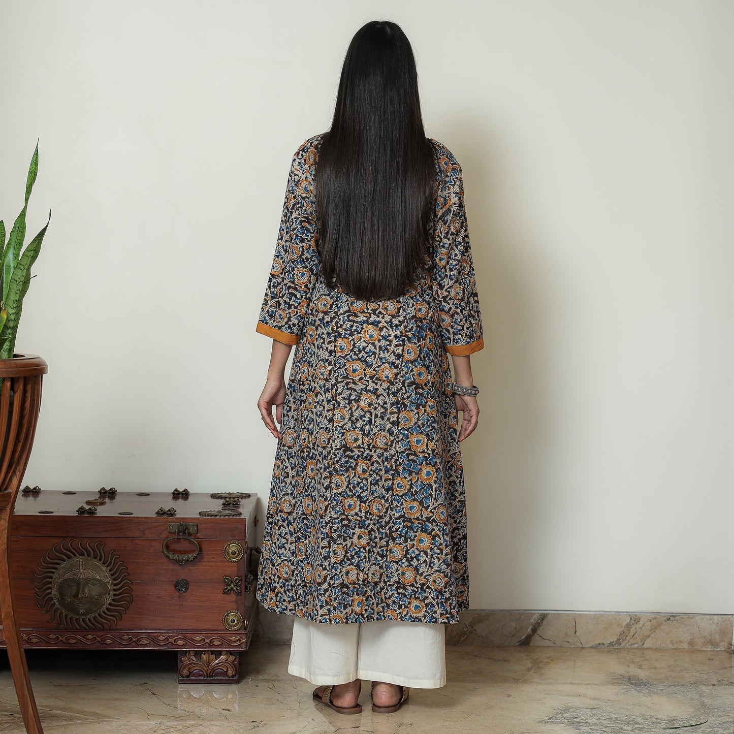 Buy Block Print Cotton A-Line Black Kalamkari Kurta for Women
