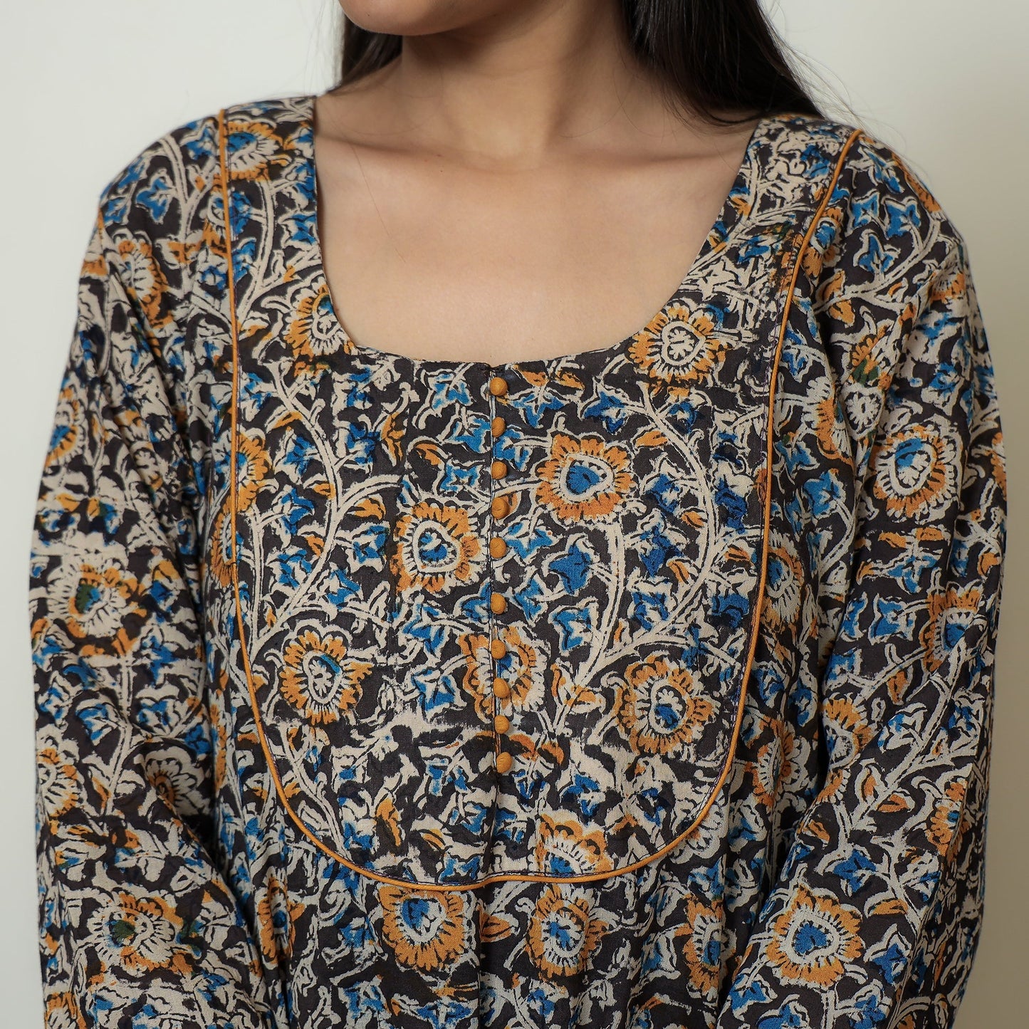 Buy Block Print Cotton A-Line Black Kalamkari Kurta for Women