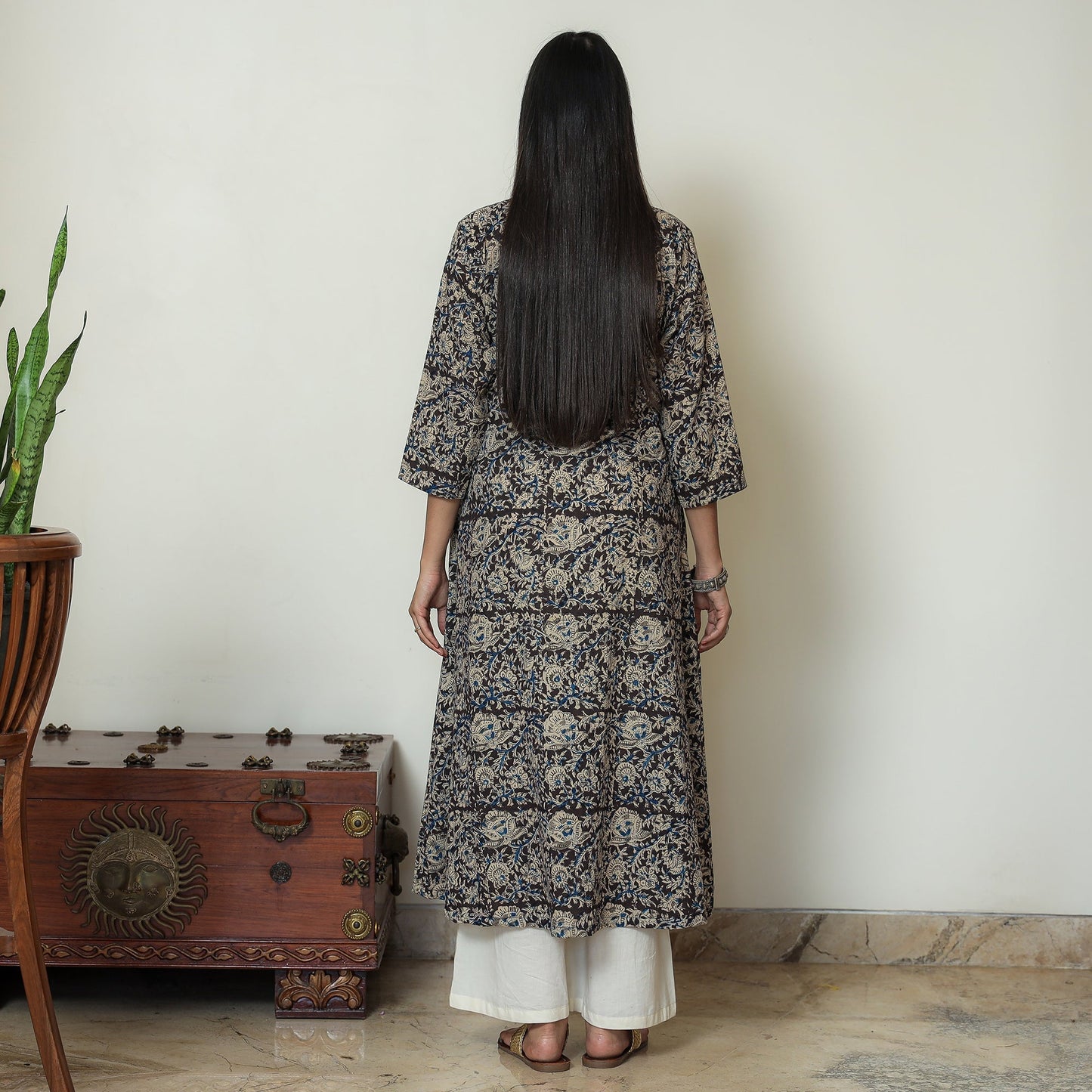  Black Block Print Cotton A-Line Kalamkari Kurta for Women