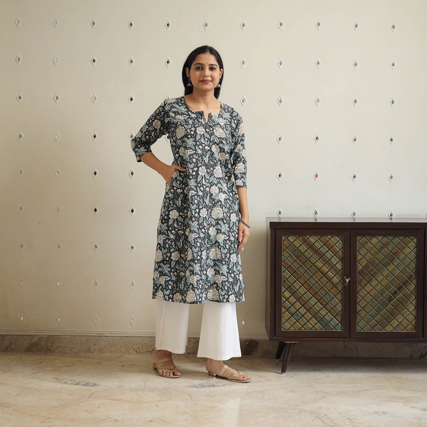 Black - cotton a-line sanganeri kurta 35 - handcrafted