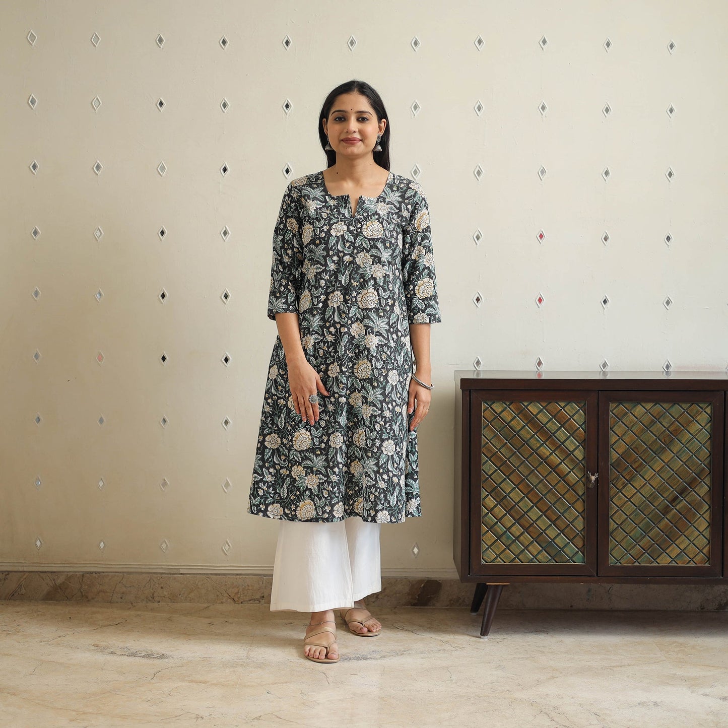 Black - cotton a-line sanganeri kurta 35 - handcrafted