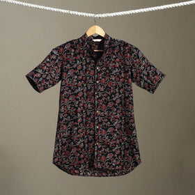 Black Block Print Cotton Men Half Sleeve Ajrakh Shirt