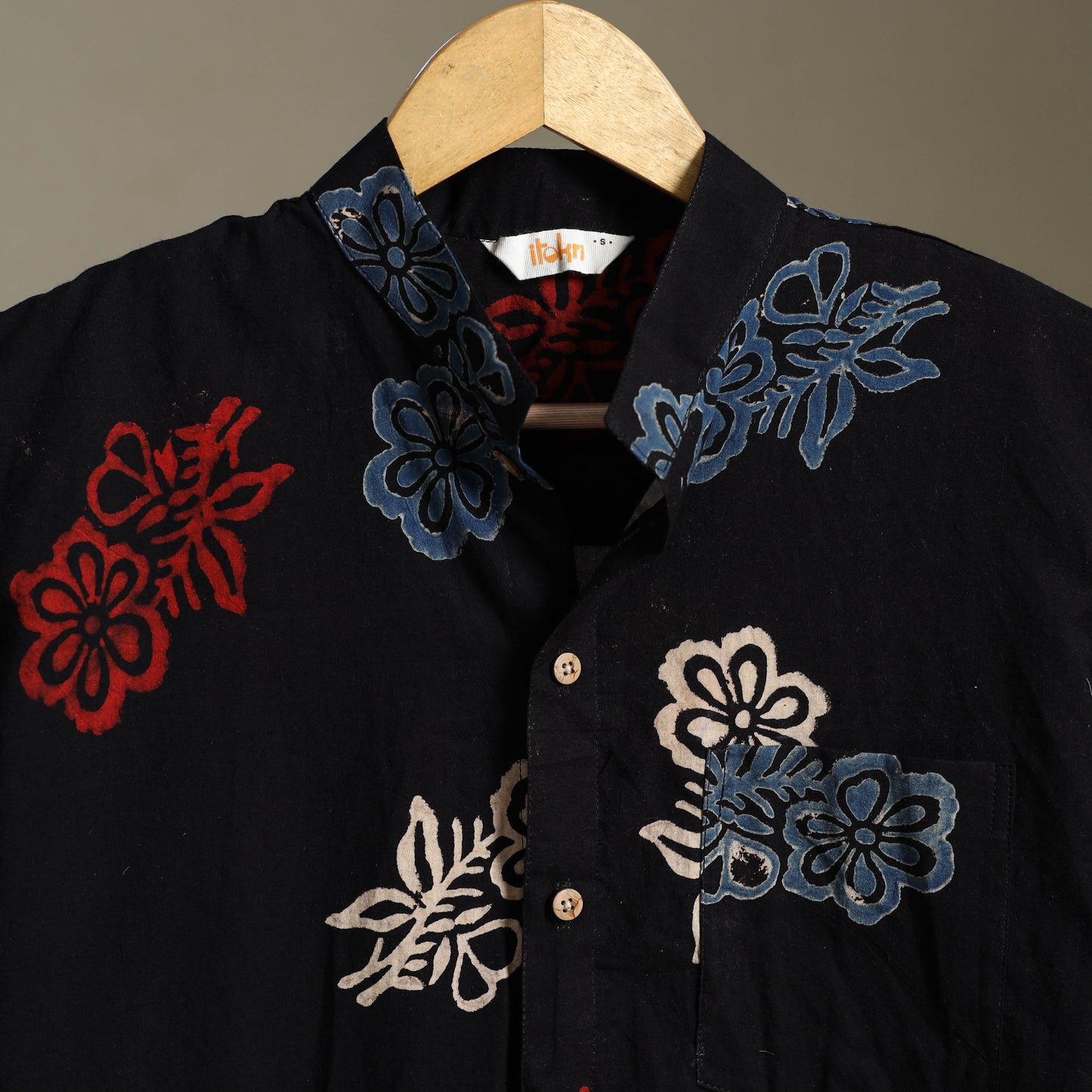 Black Block Print Cotton Men Half Sleeve Ajrakh Shirt