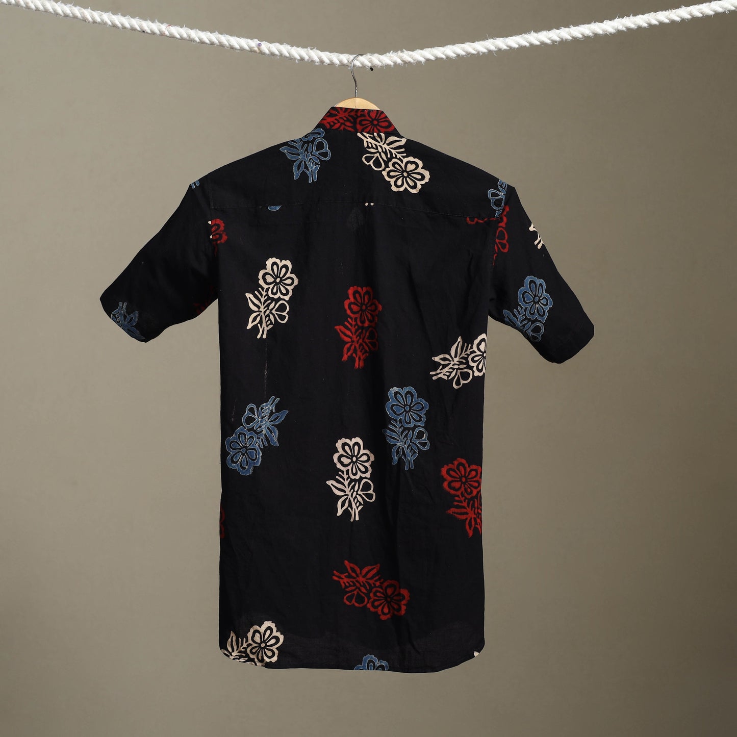 Black Block Print Cotton Men Half Sleeve Ajrakh Shirt