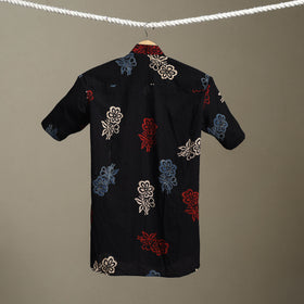 Black Block Print Cotton Men Half Sleeve Ajrakh Shirt