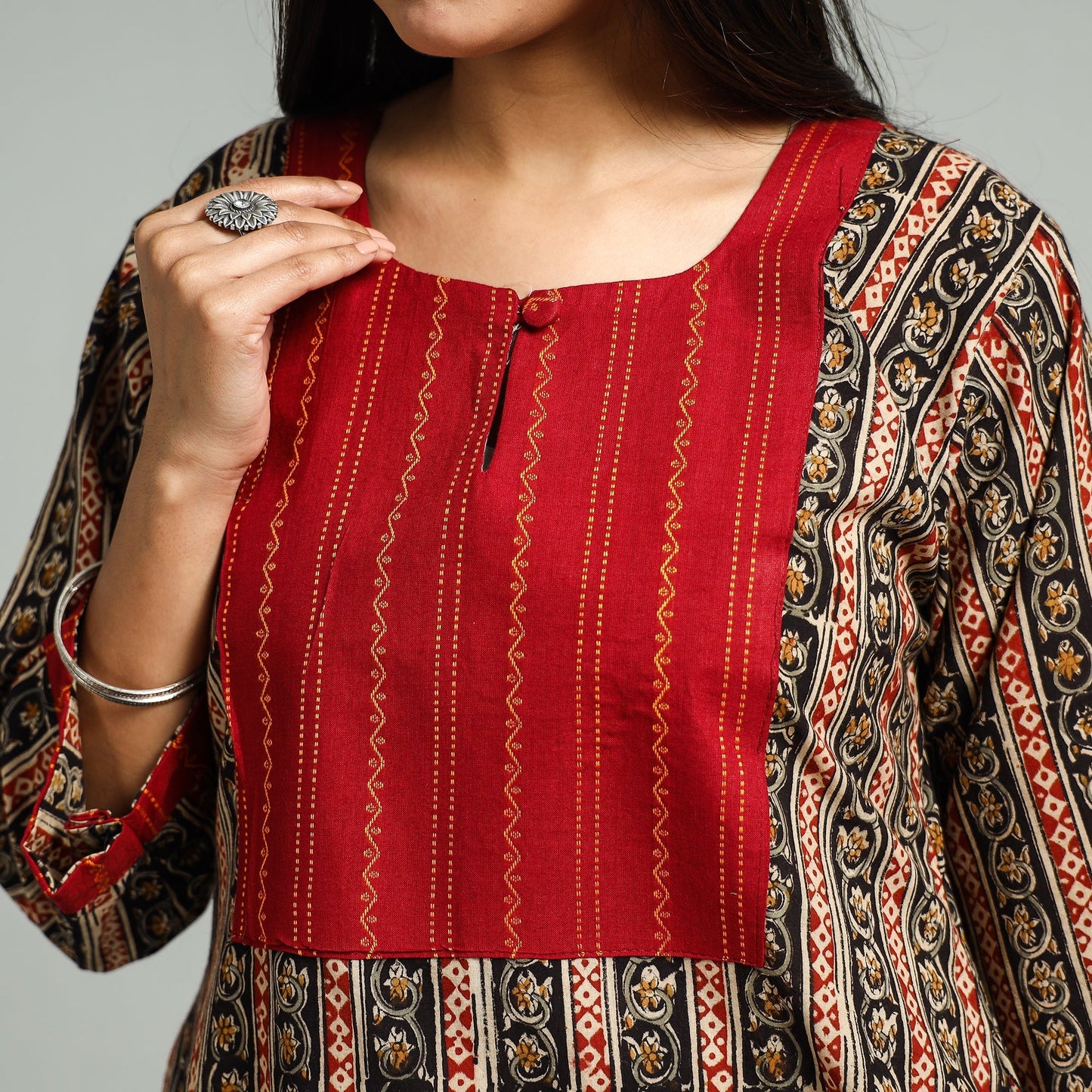 Black Block Print Cotton Patchwork A-Line Kalamkari Kurta