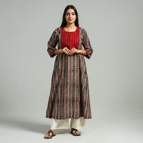 Black Block Print Cotton Patchwork A-Line Kalamkari Kurta