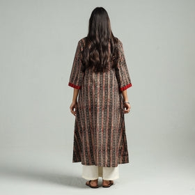 Black Block Print Cotton Patchwork A-Line Kalamkari Kurta