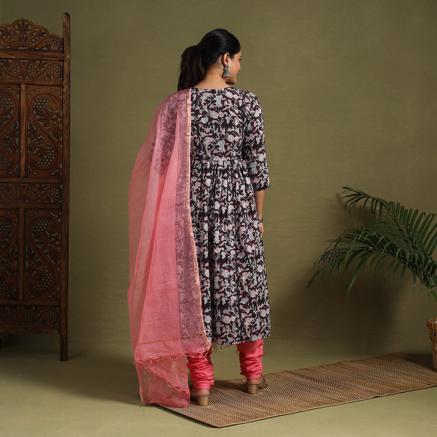 Black Block Print Cotton Sanganeri Kurta Set (Set of 3)