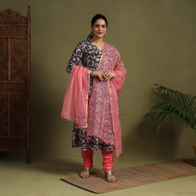 Black Block Print Cotton Sanganeri Kurta Set (Set of 3)