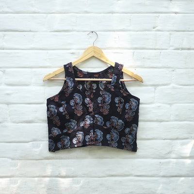 Black Block Print Cotton Stitched Ajrakh Blouse Online