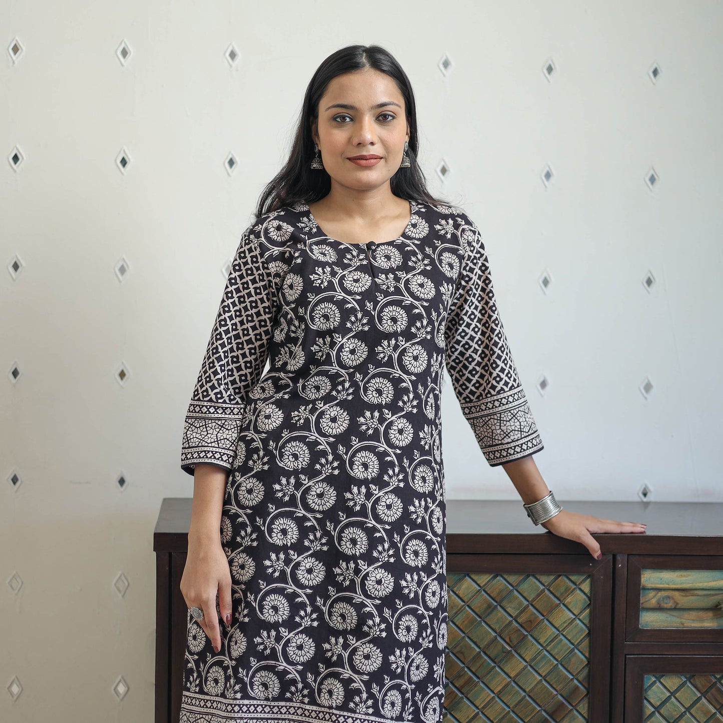 Buy Black Block Print Cotton Straight Bagh Kurta Online