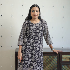 Buy Black Block Print Cotton Straight Bagh Kurta Online