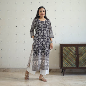 Buy Black Block Print Cotton Straight Bagh Kurta Online
