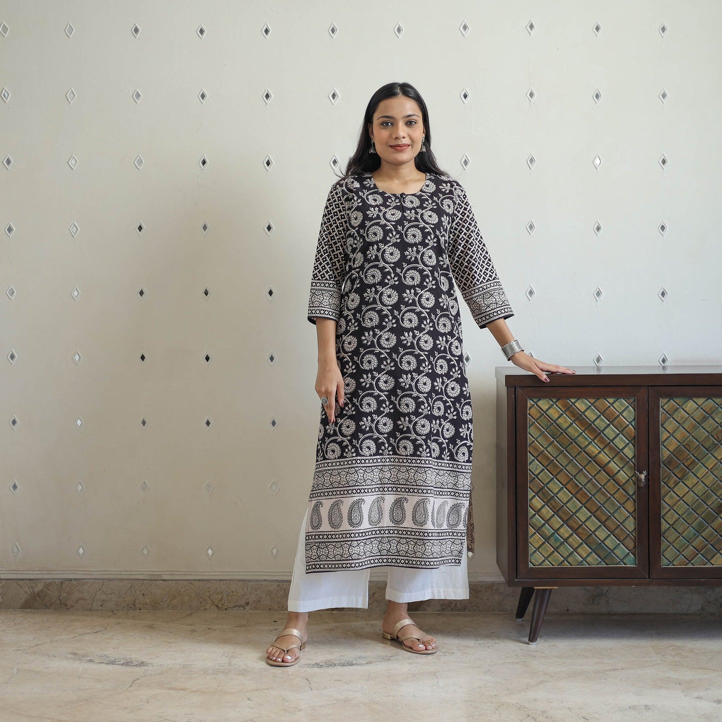 Buy Black Block Print Cotton Straight Bagh Kurta Online