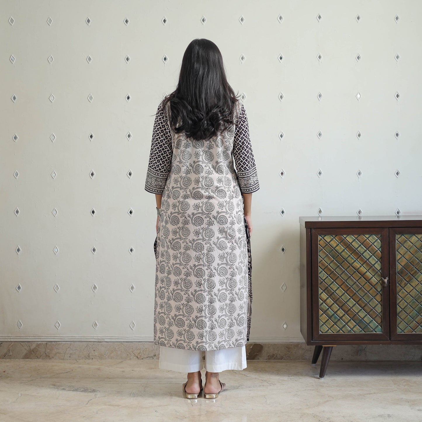 Buy Black Block Print Cotton Straight Bagh Kurta Online